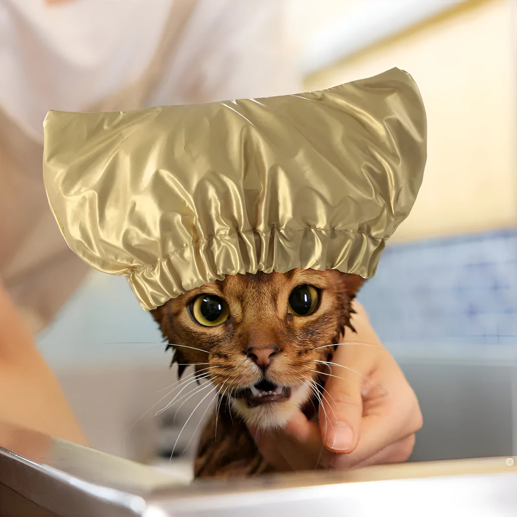 Pet shower cap in gold colour with adjustable ear protection for dog or cat bathing