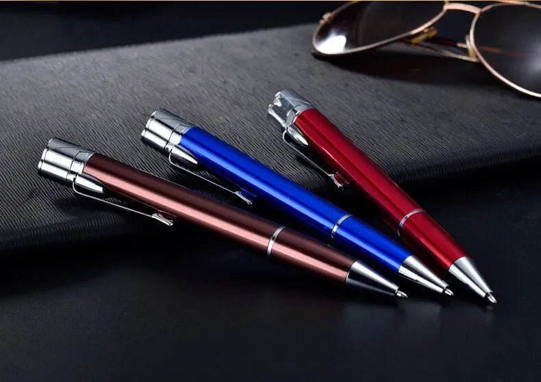 Creative metal signature pen lighter in black with windproof jet flame and red buttons on a white background