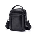 Men's black genuine leather shoulder messenger bag with retro style on a plain background