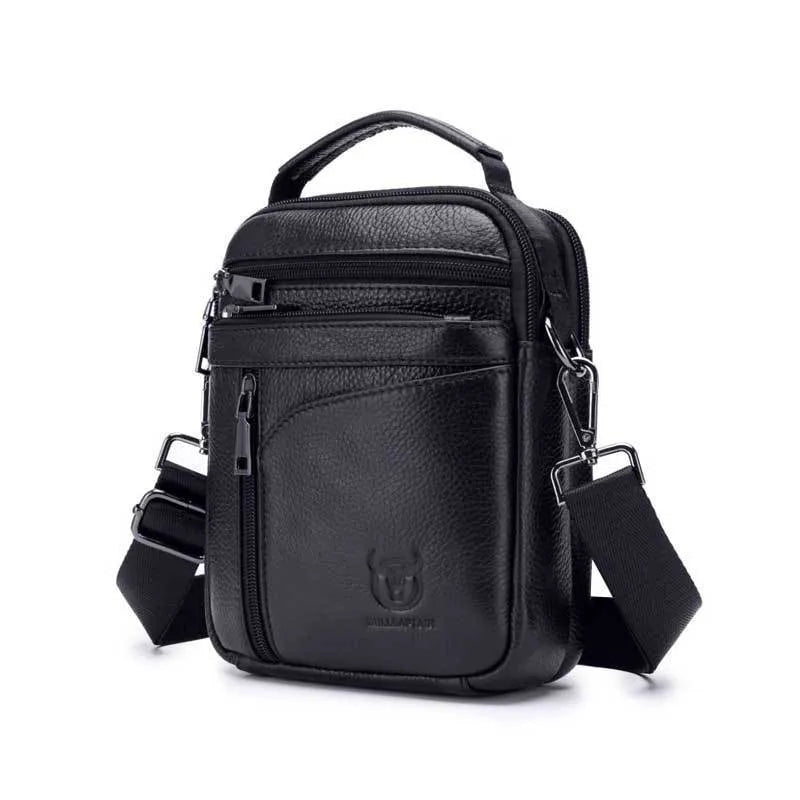 Men's black genuine leather shoulder messenger bag with retro style on a plain background