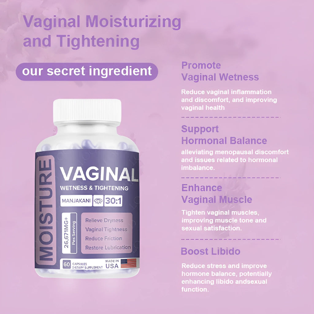 Bottle of 60 vaginal capsules for adult women's intimate care supplement.