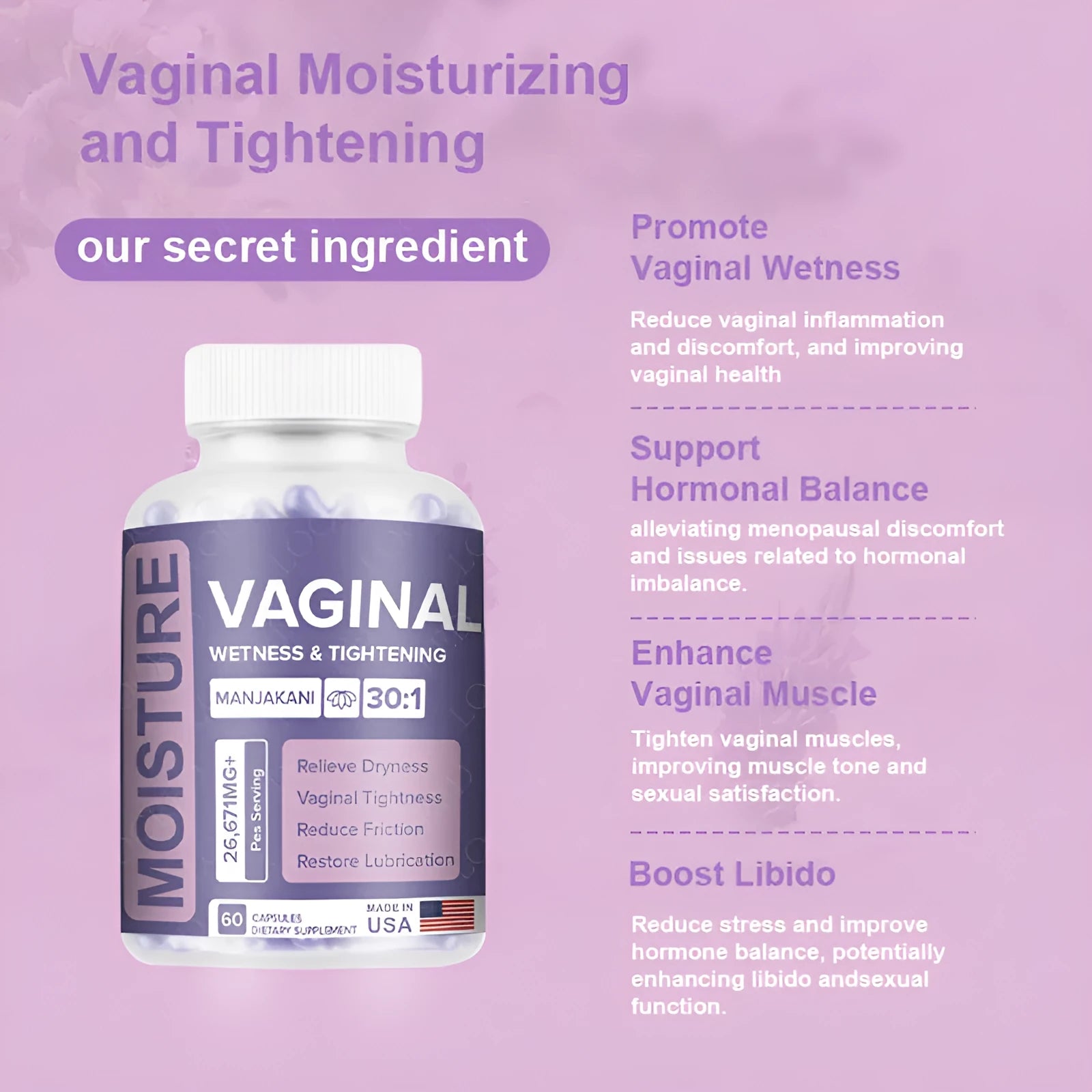 Bottle of 60 vaginal capsules for adult women's intimate care supplement.