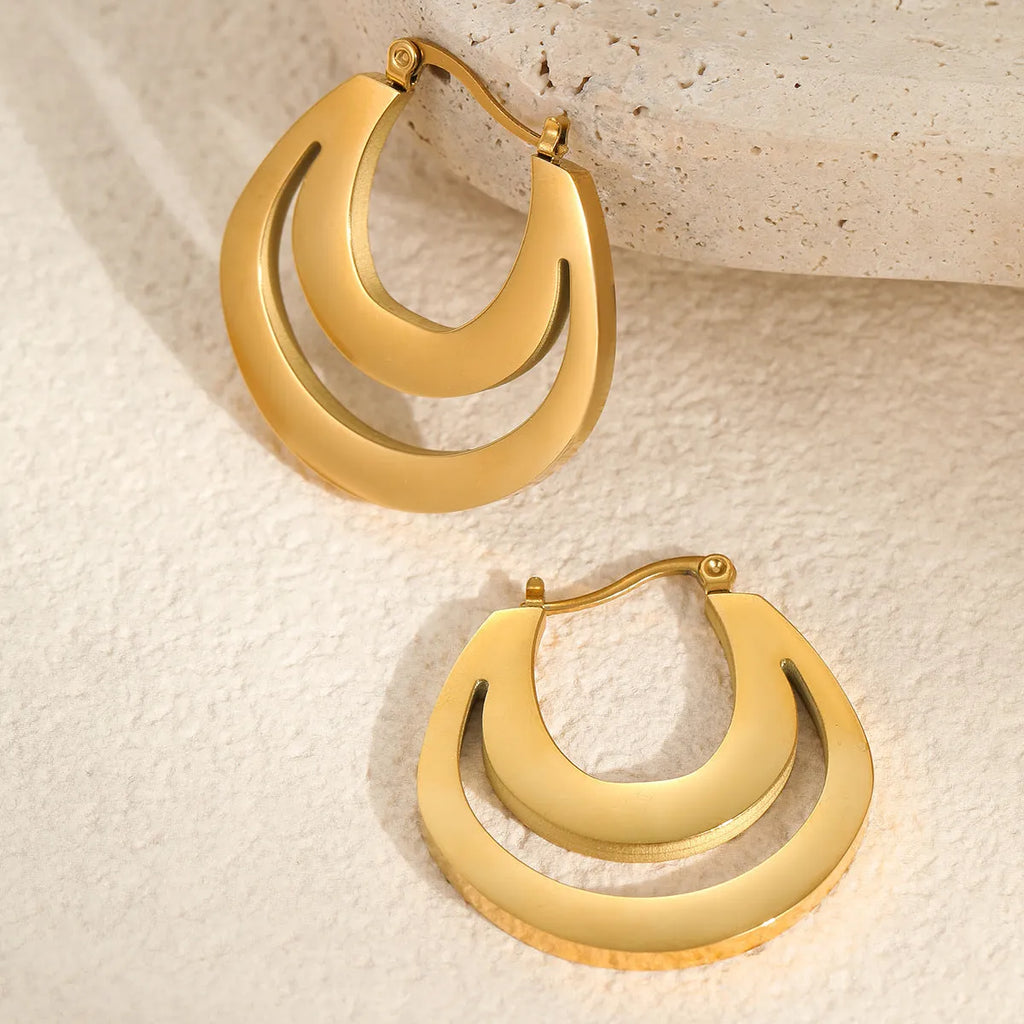 Geometric French earrings with circular ring design in gold-plated stainless steel for women's office jewellery