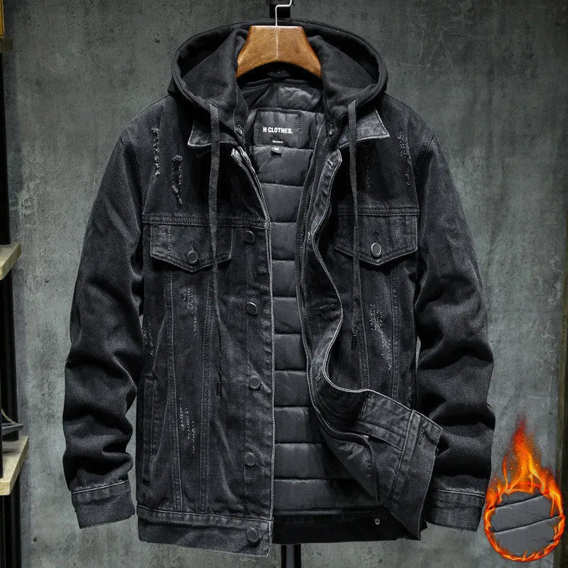 Thick denim jacket for men with hooded collar in black, slim fit, cotton construction