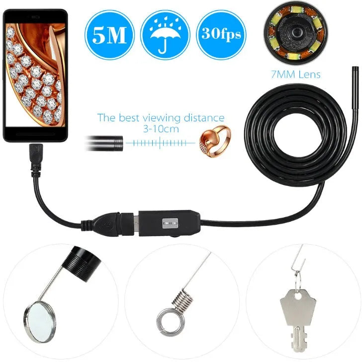 OWSOO USB endoscope camera with 7mm lens, 5 metre cable, hook, magnet, and side mirror accessories