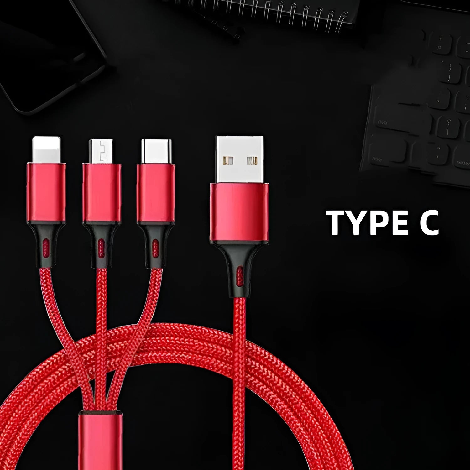One for three charging cable data cable 1.2 metres TPE nylon braid red blue gold black silver