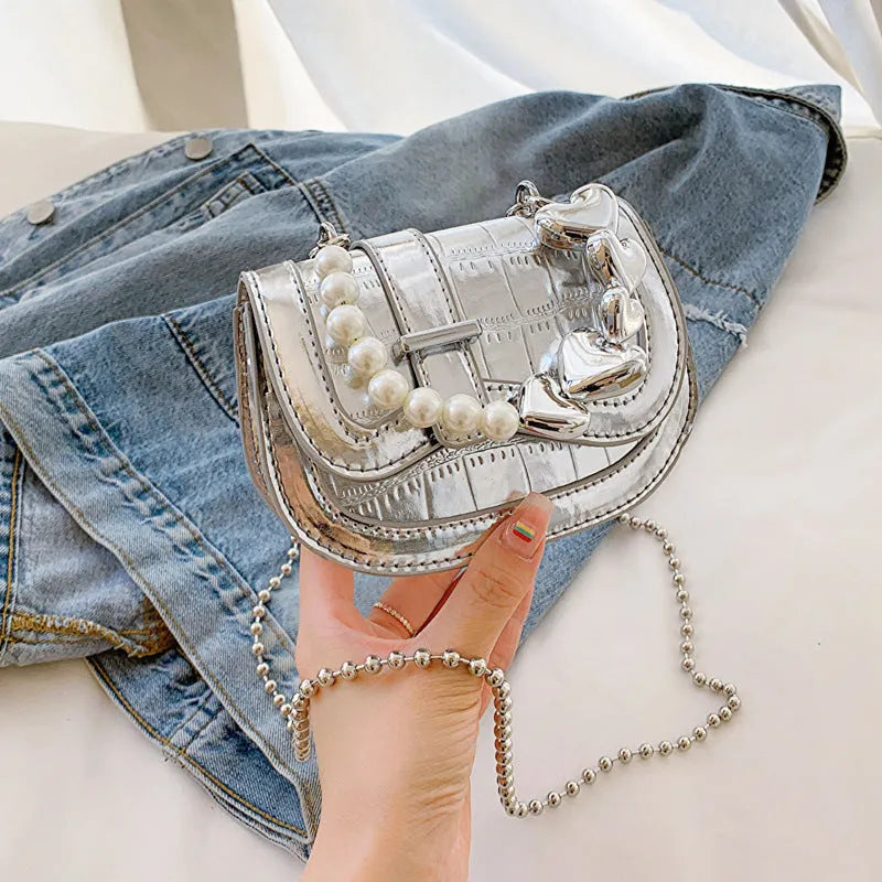 Laser pearl PU leather mini tote saddle crossbody bag in silver colour with single shoulder strap