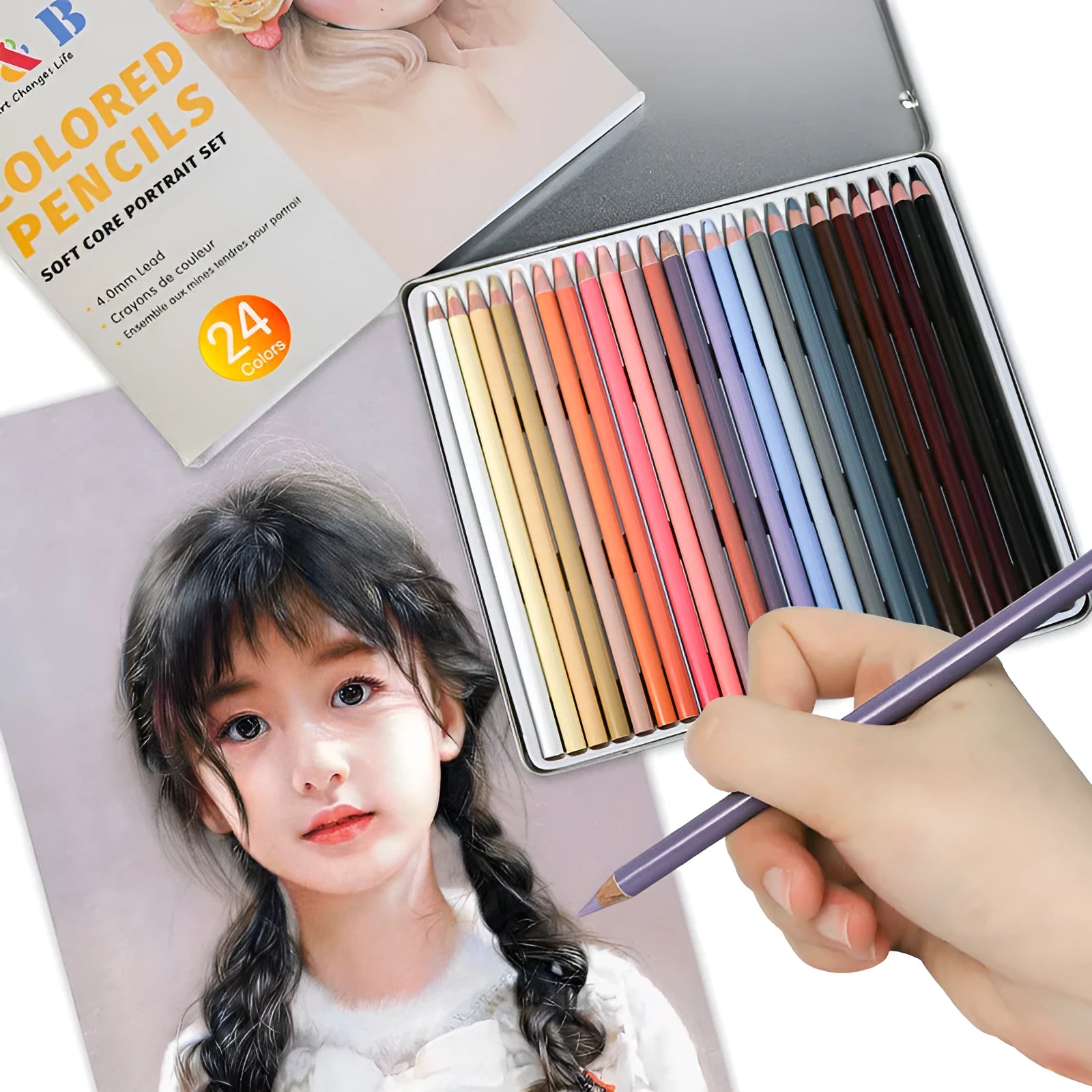 24 skin tone art pencils in round iron storage box for portrait drawing
