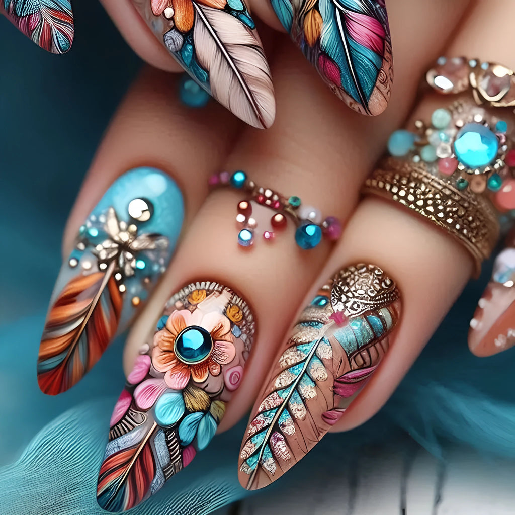 Retro colourful feather wear armour nail art set with plastic tips and jelly glue burnishing stick