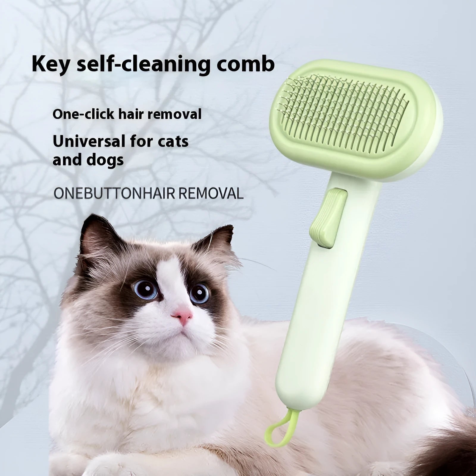 Large light grey pet grooming comb for cats and dogs with a one-click shaver and knot untier function.