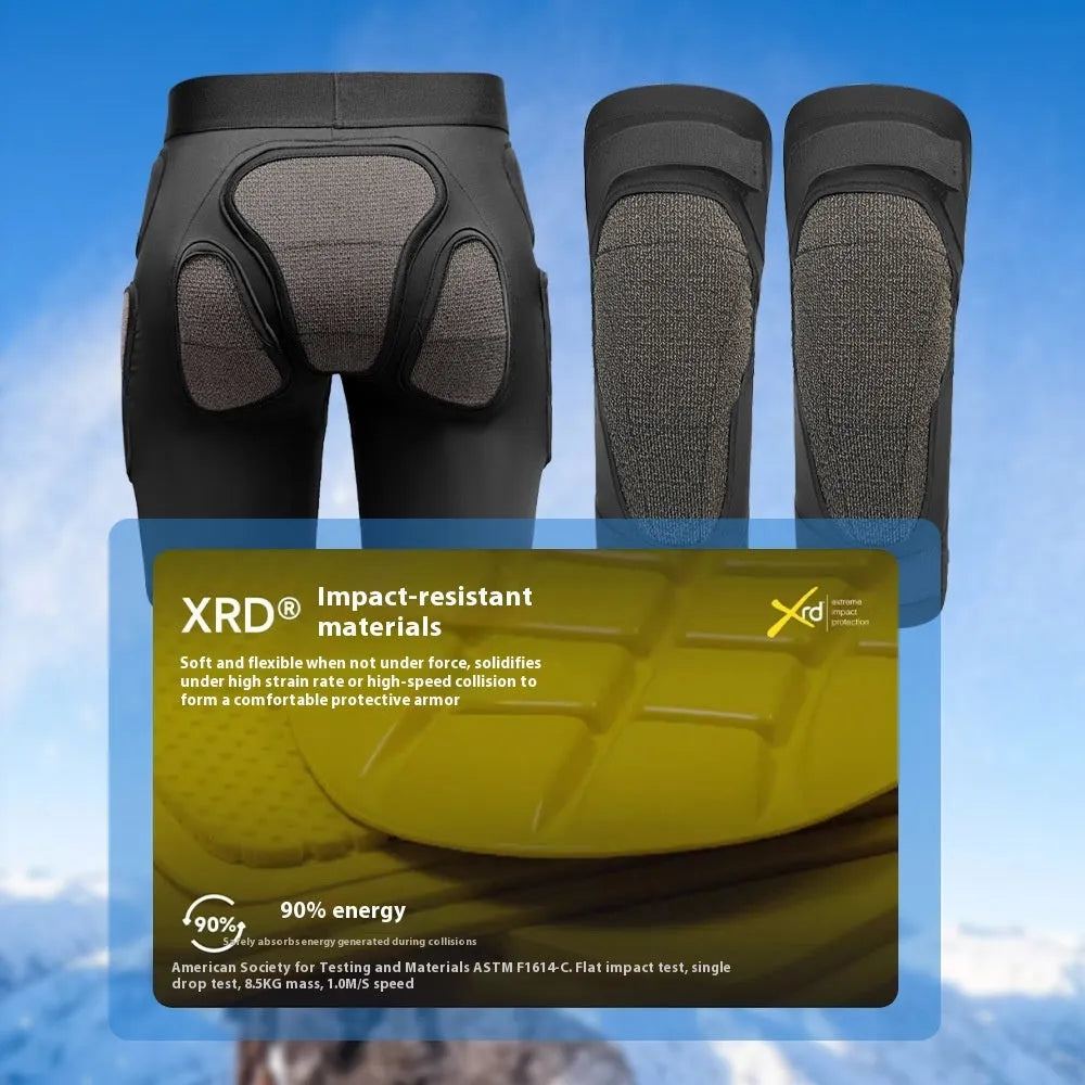 X-ray diffraction ski protective gear showing separate hip pad and knee pad for inner wear.