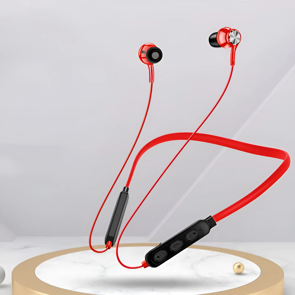 Neckband sports Bluetooth earphones in black, red or white colours with USB charging cable
