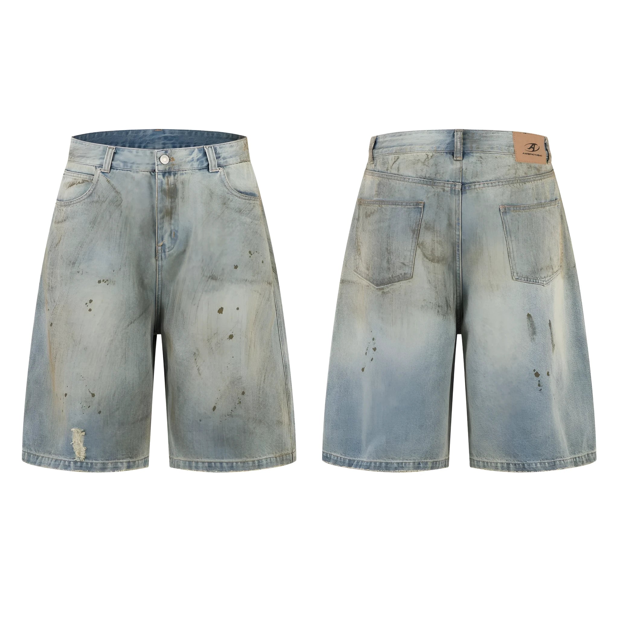 Men's blue cropped denim jeans with washed finish and straight-leg cut for street fashion