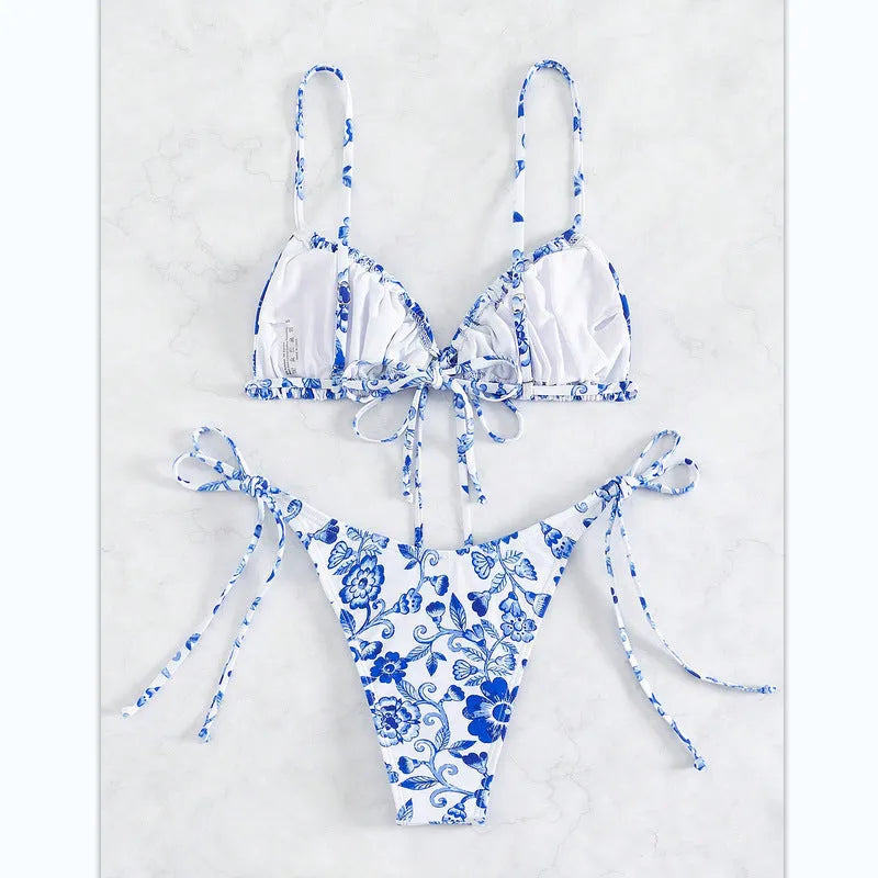 Women's blue and white floral print high-waist bikini set with triangle top and briefs