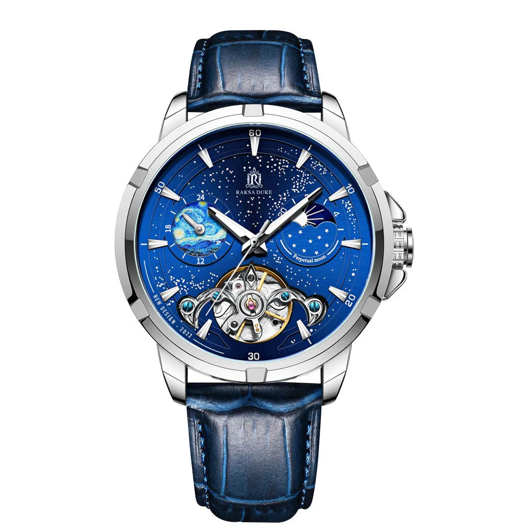Men's blue dial automatic mechanical watch showing size 885b and 14mm thickness