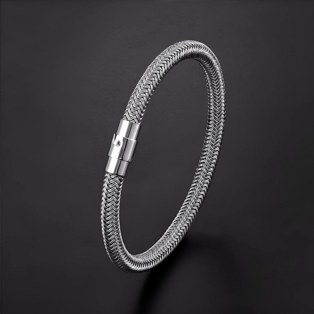 Titanium steel geometric wire bracelet with a magnetic clasp, shown in a silver tone.