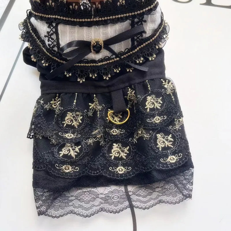 Golden gothic princess-style skirt for a small dog or cat on a mannequin.