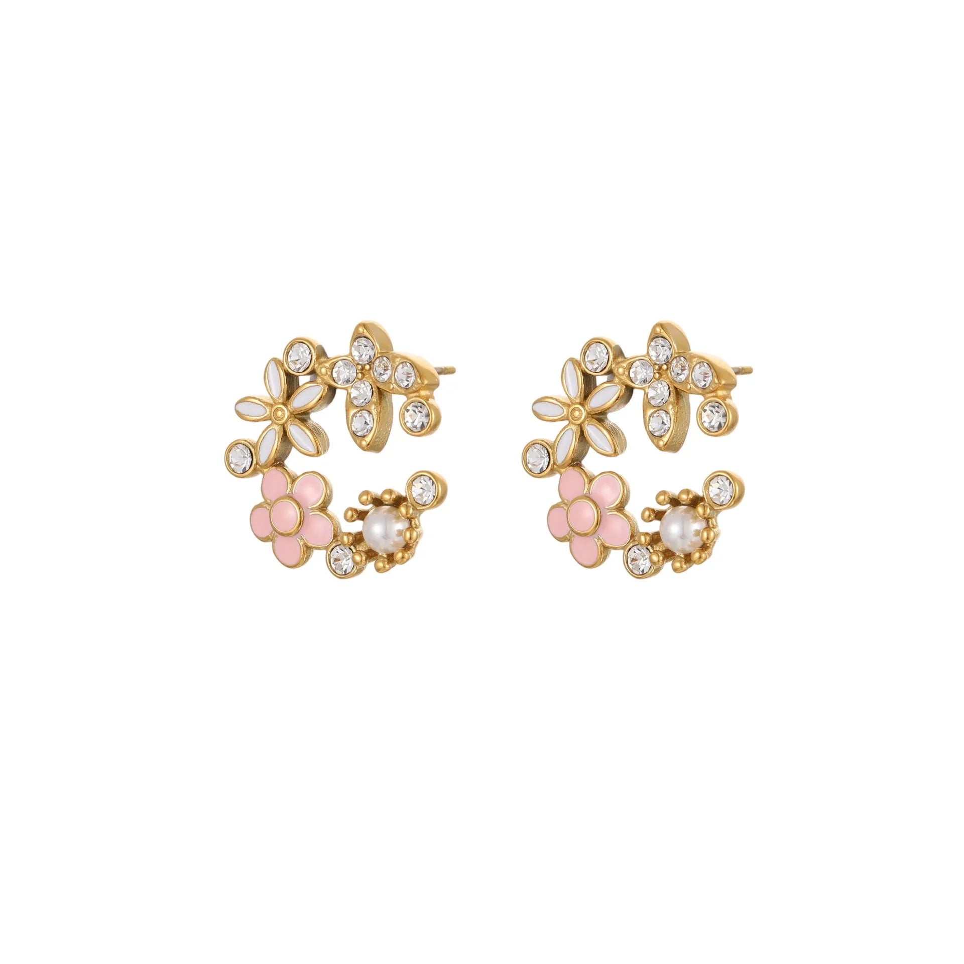 Colourful stainless steel flower petal stud earrings with 18K electroplated finish