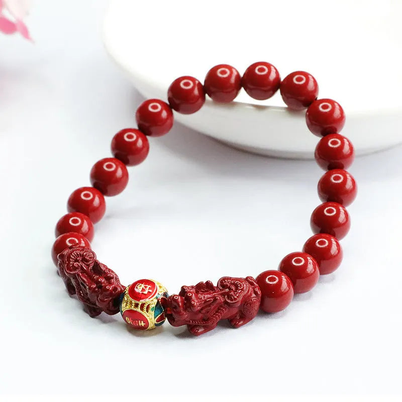 Cinnabar double pixiu women's bracelet 8mm purple gold sand leather animal zodiac carving