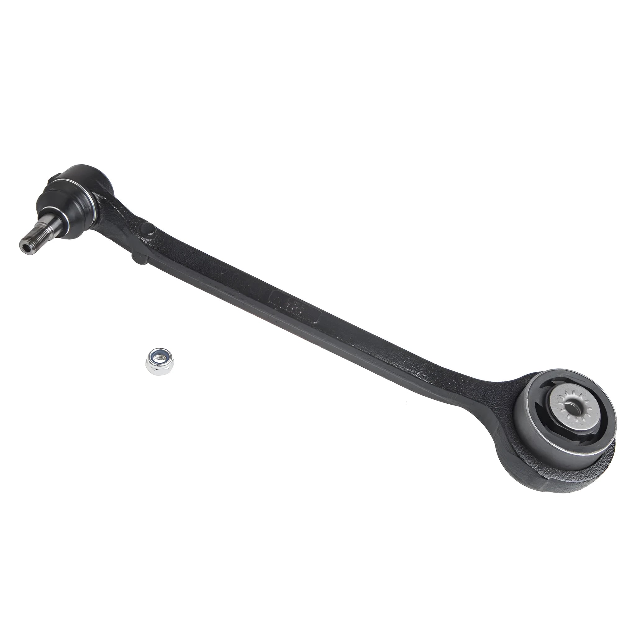 Black steel swing arm control arm for Dodge and Chrysler vehicle suspension.
