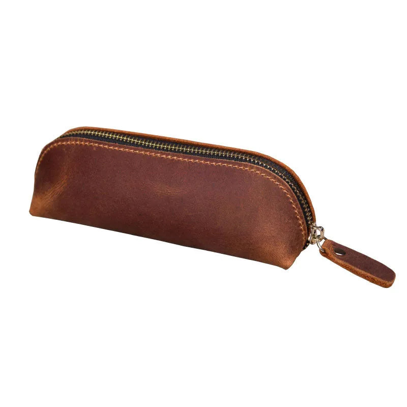 Genuine cowhide leather pencil case with zipper closure showing black colour option