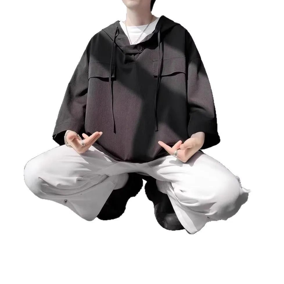 Men's loose fit hooded t-shirt in polyester with short sleeves available in multiple colours