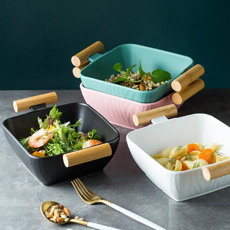 Modern irregular-shaped porcelain ceramic bowl with matching lid in choice of four colours