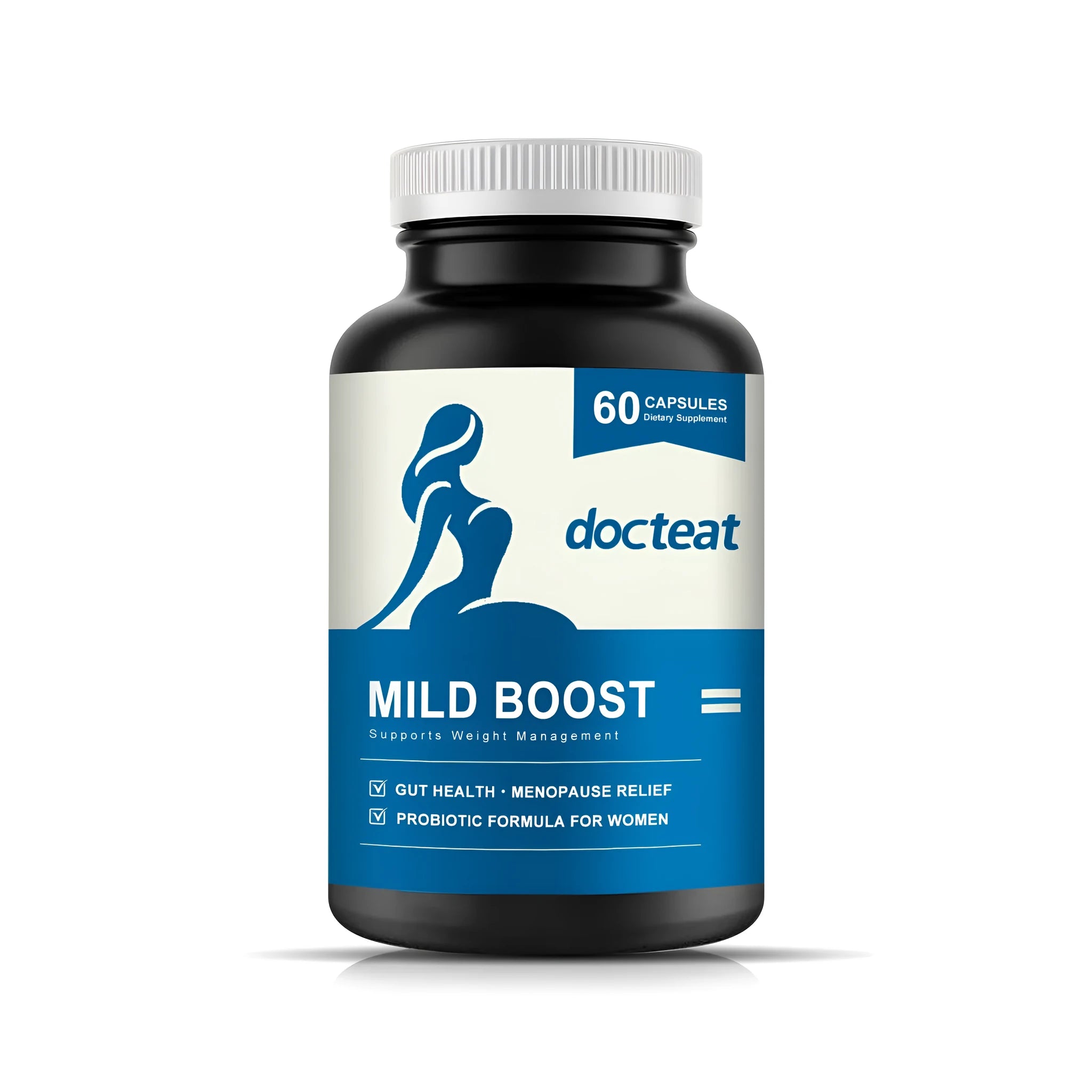 Bottle of 60-count dietary supplement capsules with probiotic blend, turmeric, and moringa leaf.