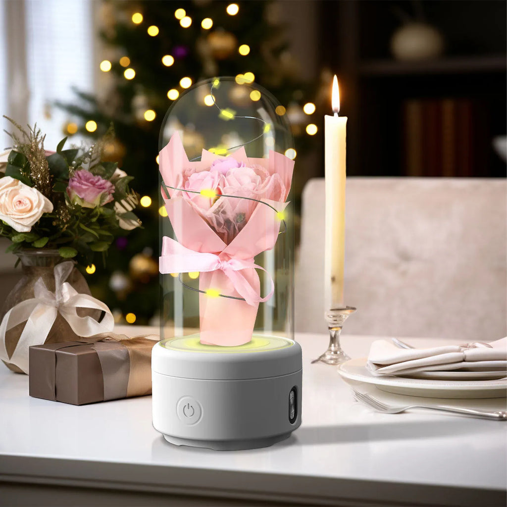 Creative 2 in 1 bouquet LED light and Bluetooth speaker in glass cover with black base
