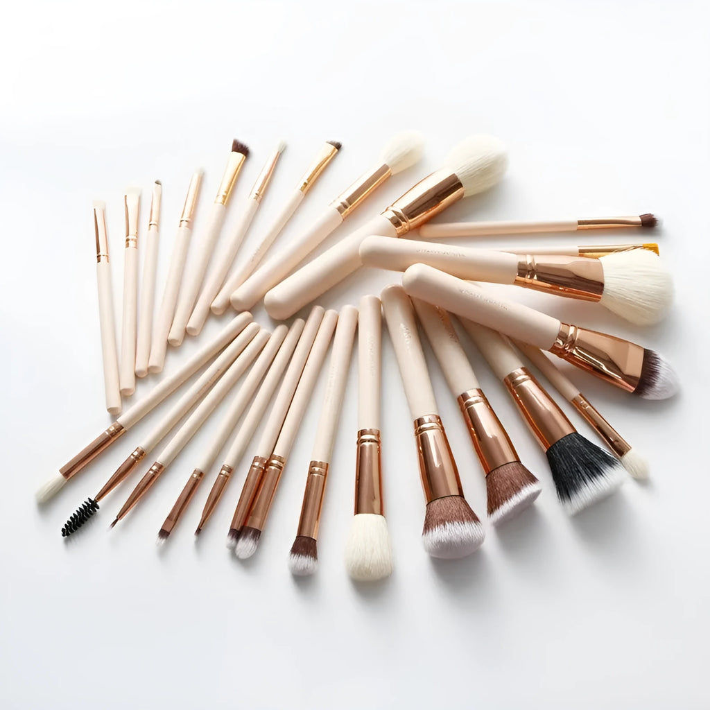 26 piece pink makeup brush set with wooden handles in PU storage bag