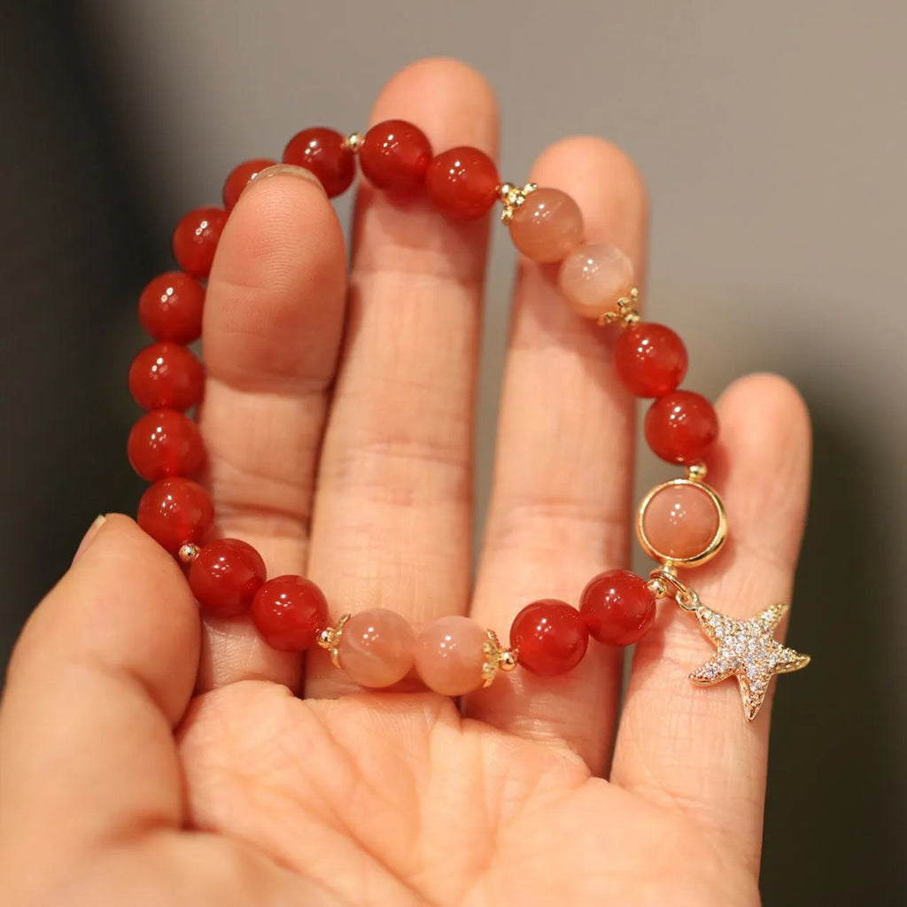 Handmade 8mm natural red agate bracelet for women, star shape, ethnic style, sands orange colour