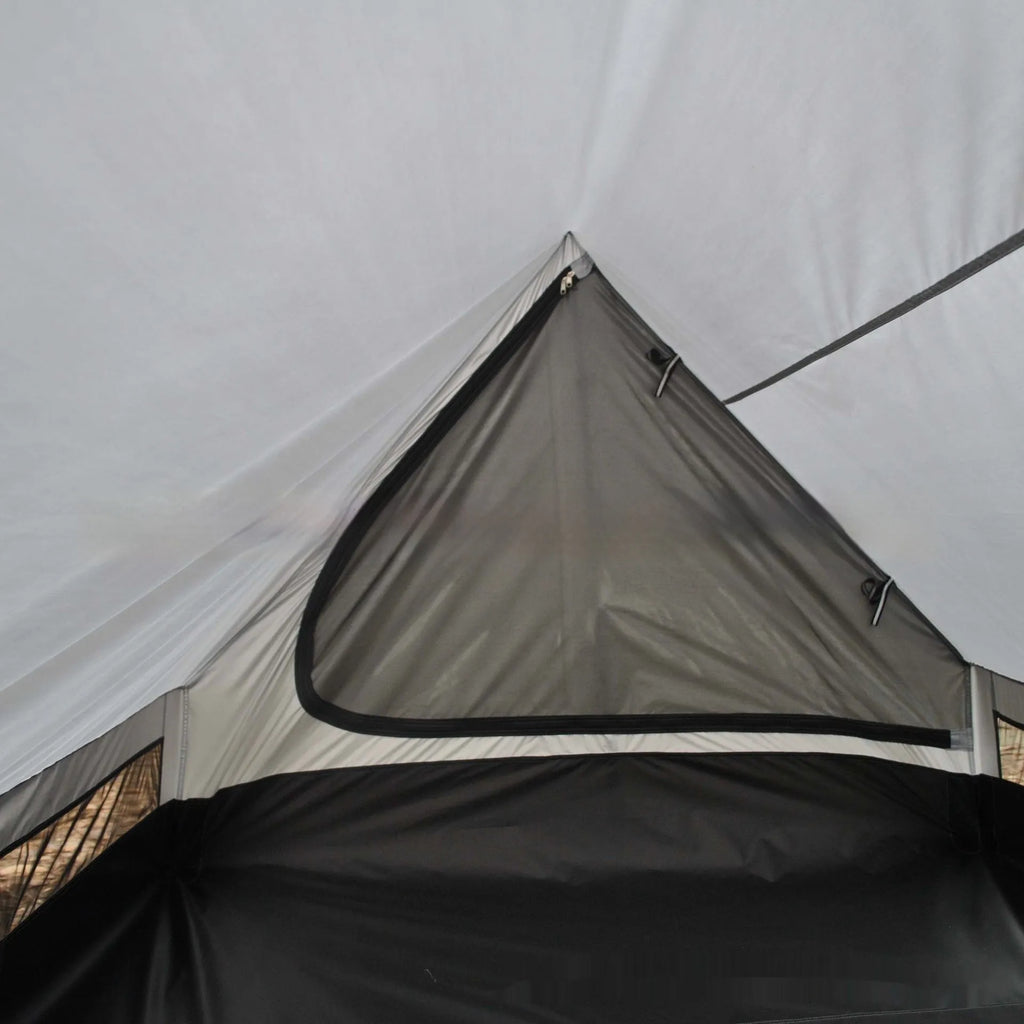 Brown or white A-line pole-free tent pitched with hiking canes showing 210x150x110cm dimensions