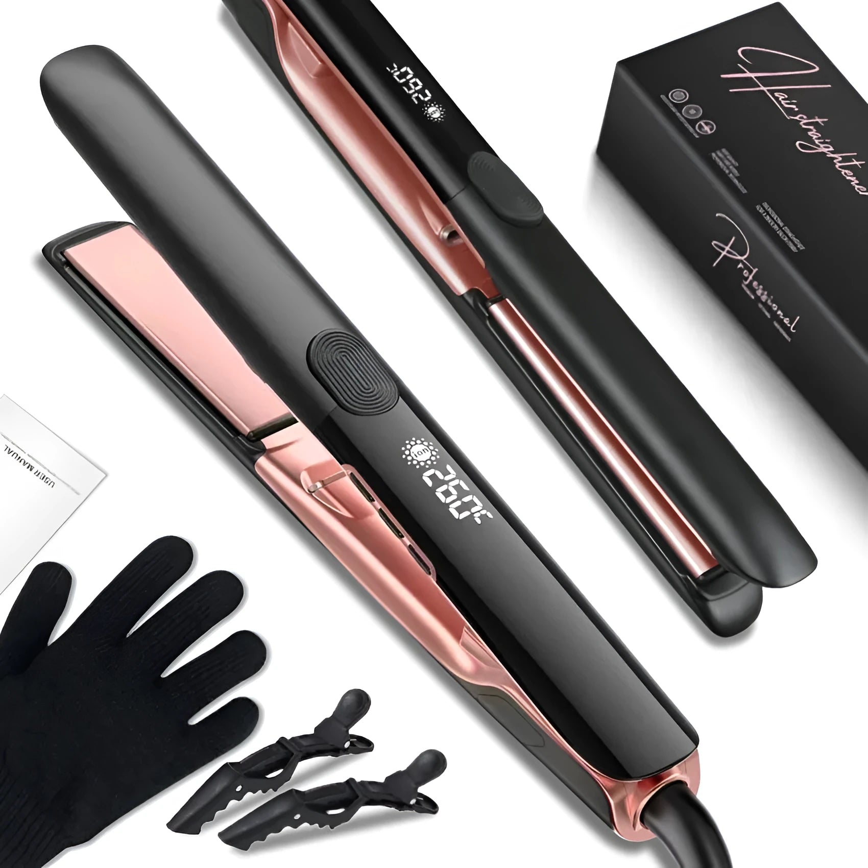 Hair straightener with anion technology and digital temperature display showing 207℃