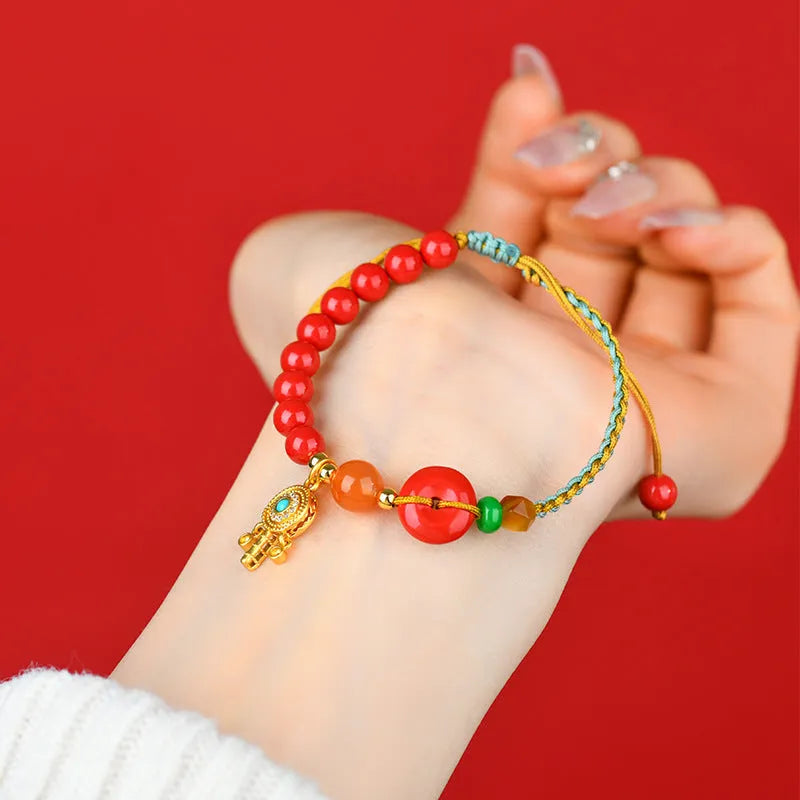 Hand-woven cinnabar peace blessing buckle bracelet Emperor red sand geometric national style women's accessory