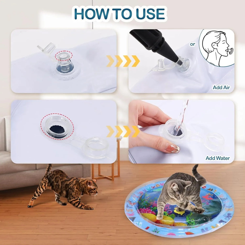 Thickened PVC water sensory play mat for pets with ocean fish design and floating toys.