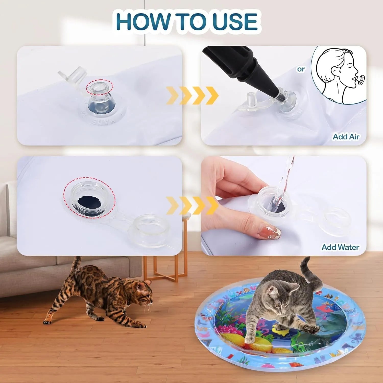 Thickened PVC water sensory play mat for pets with ocean fish design and floating toys.