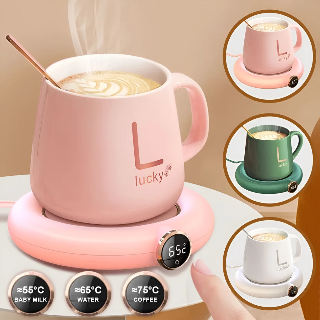 USB cup warmer pad with LED display showing temperature setting, on a desk with a mug of coffee