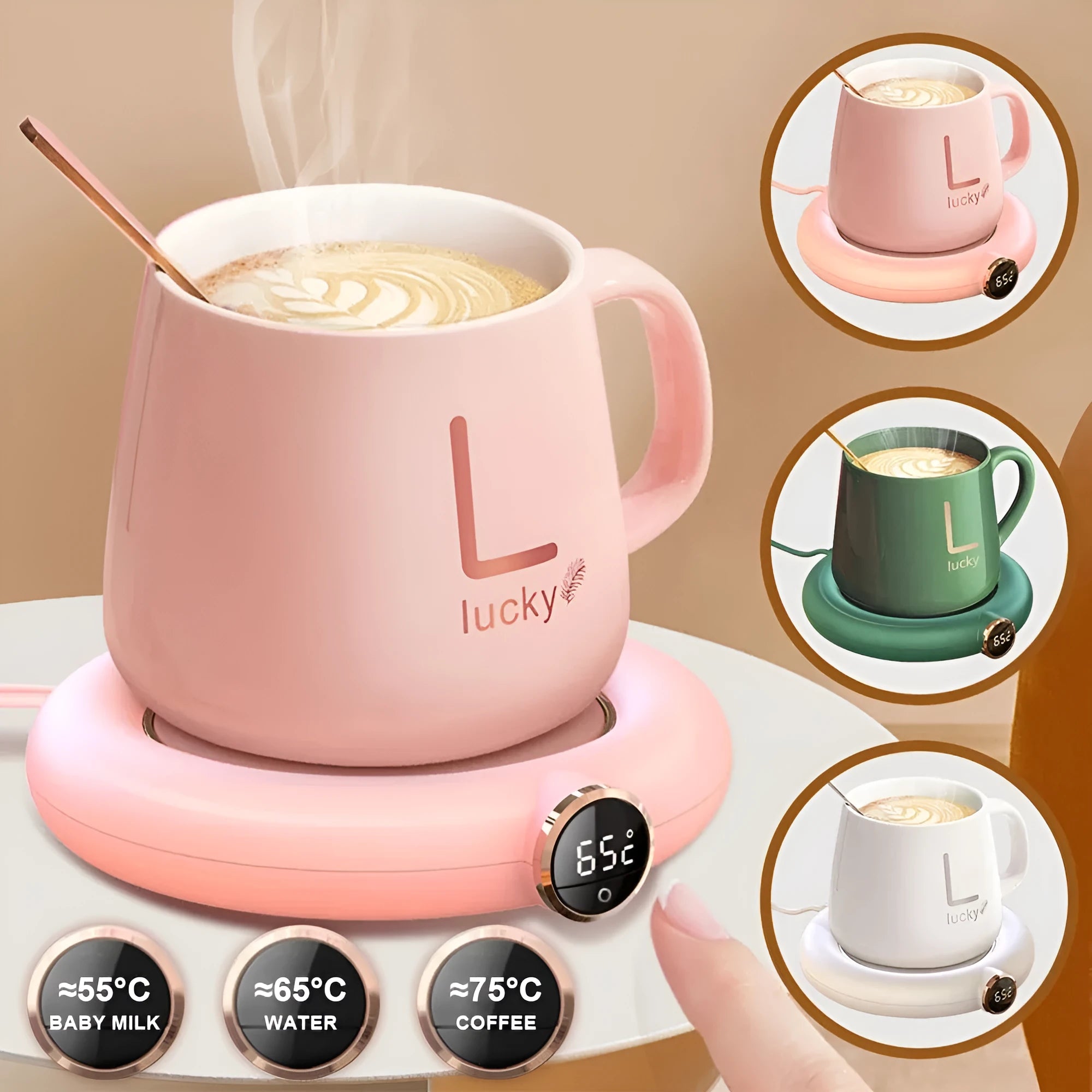 USB cup warmer pad with LED display showing temperature setting, on a desk with a mug of coffee