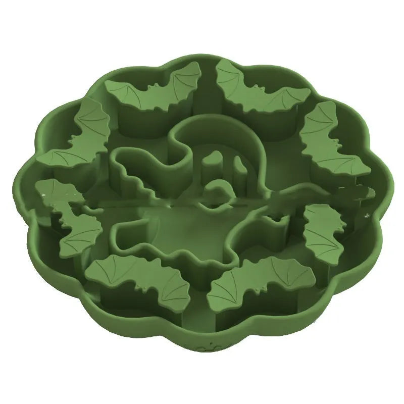 Anti-choke slow feeding dog bowl in edible silicone, Halloween green colour, square shape with raised internal patterns