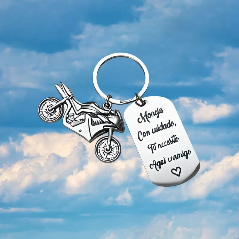 Stainless steel motorcycle keychain with inspirational design and flannel storage bag