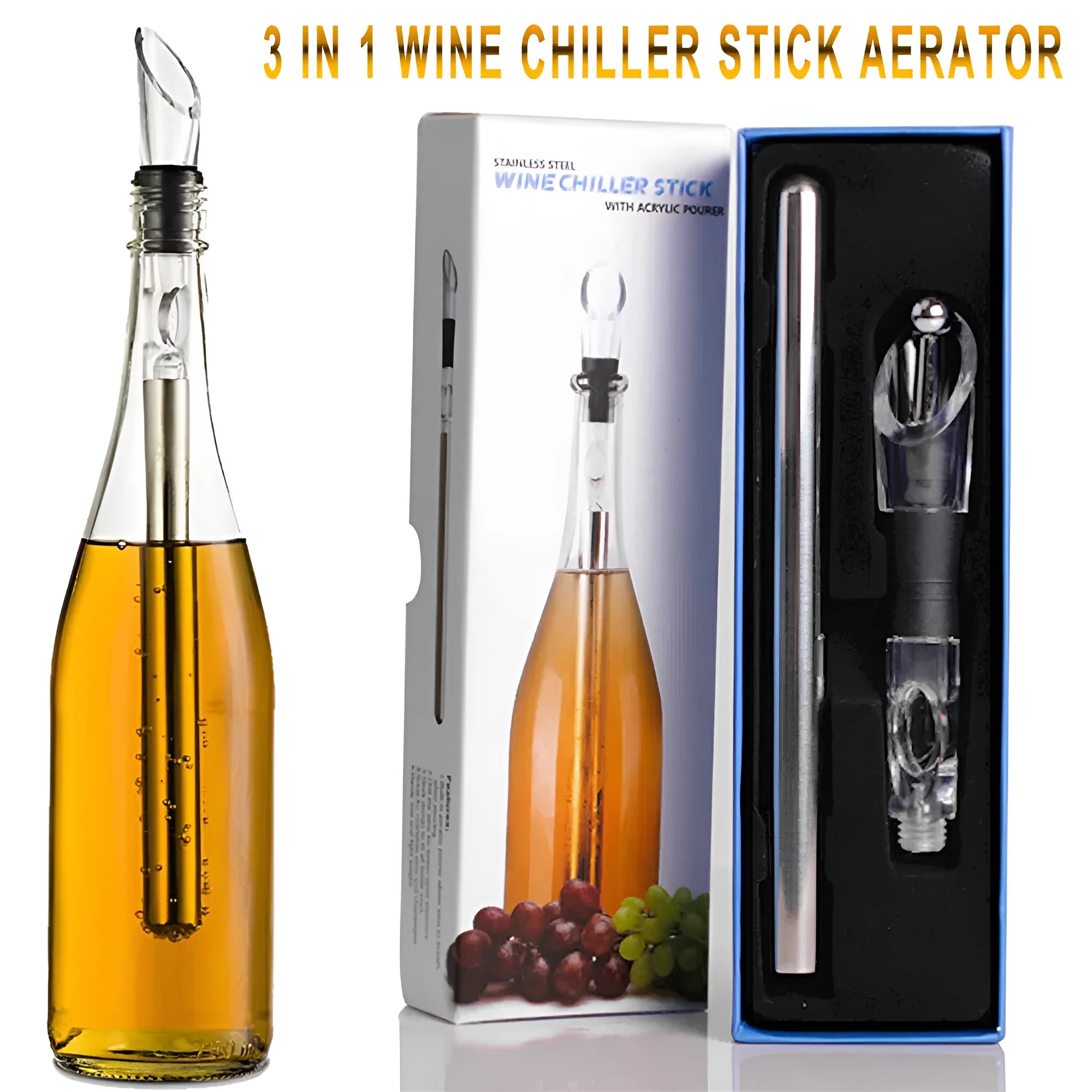 Silver stainless steel wine bottle cooler stick with built-in aerator and drip-free pouring nozzle on a table
