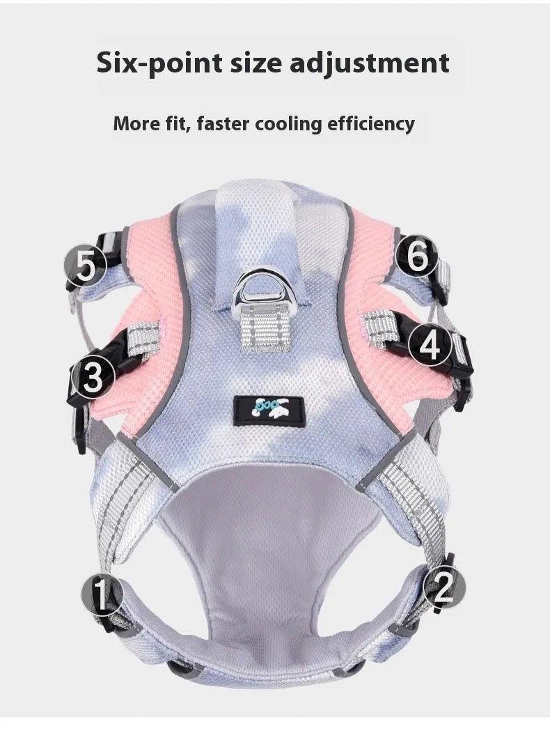 Reflective pet cooling chest strap harness in light blue, pink, dark blue, or orange.