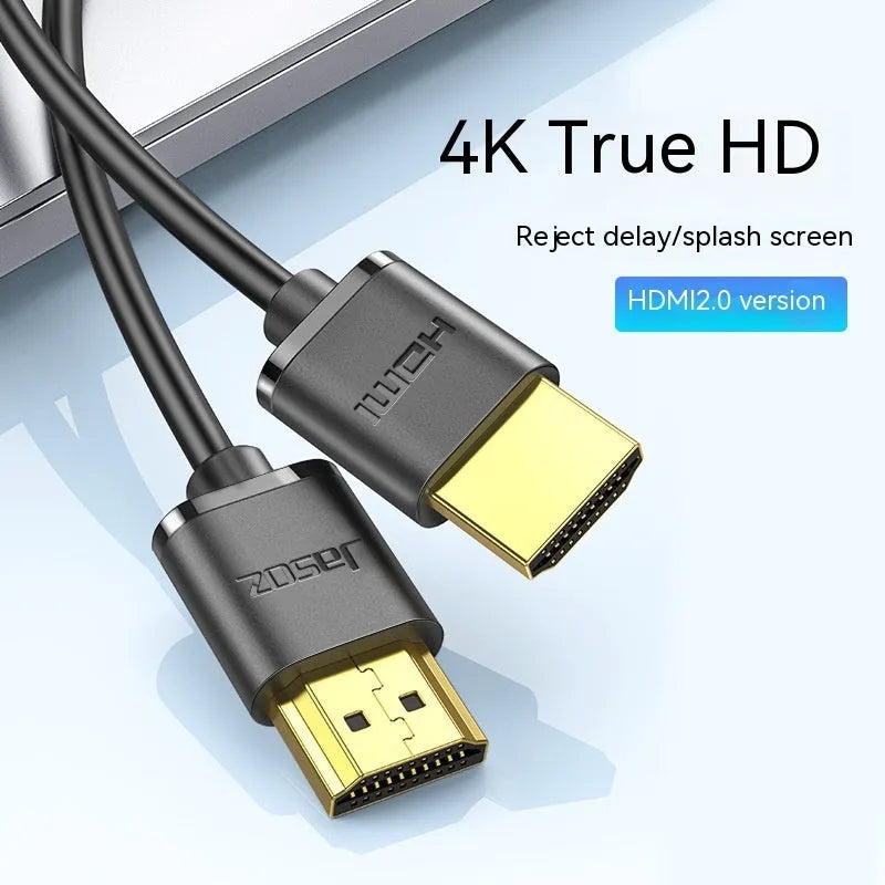 HDMI cable with gold-plated connectors and thin flexible design showing length options for computer monitor connection