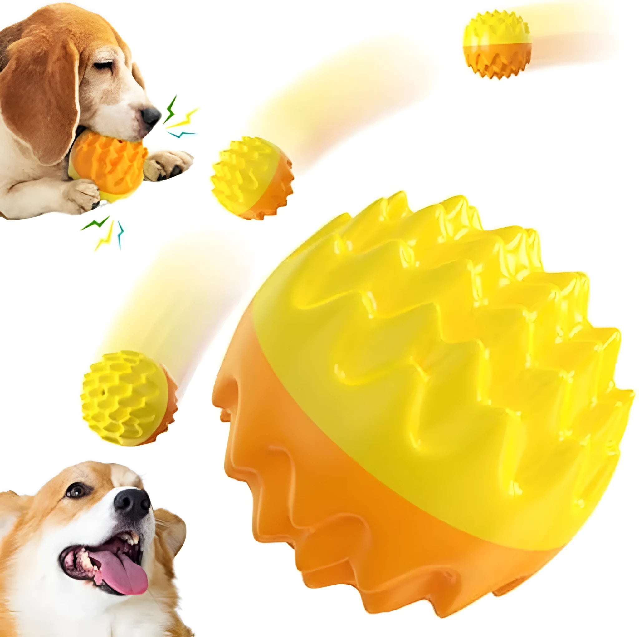 Blue and orange squeaky dog ball with spiky surface for dental cleaning and water fetch