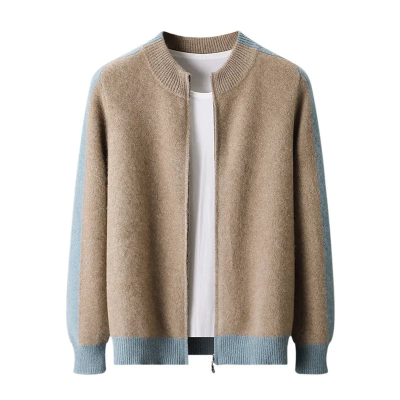 Men's half turtleneck zipper cardigan thickened wool blend loose fit sweater in dark blue