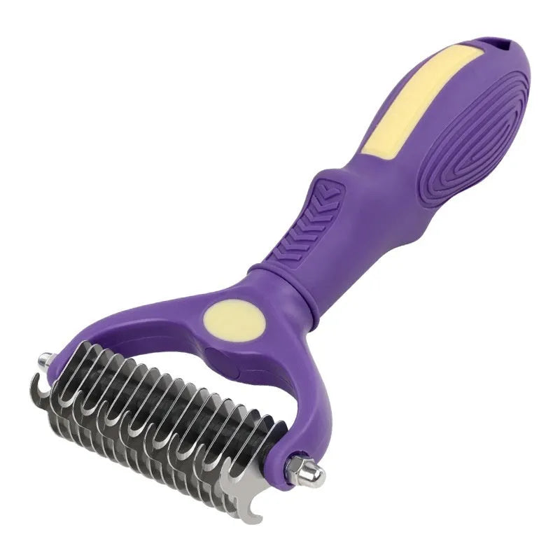 Purple double-sided plastic pet comb for dog and cat grooming with knot removal teeth