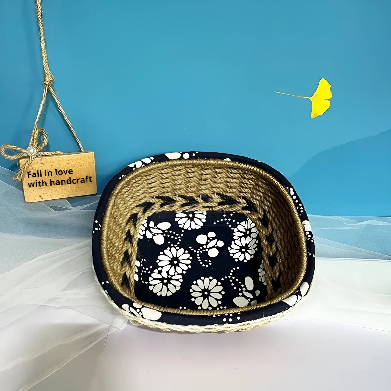 Blue hand-woven plastic square storage basket for coffee table small item organisation