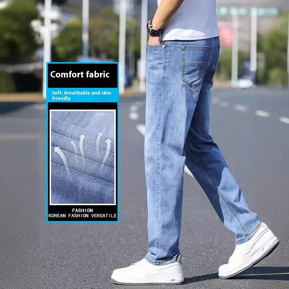 Thin stretch cotton denim tapered trousers in business casual style, available in four colours
