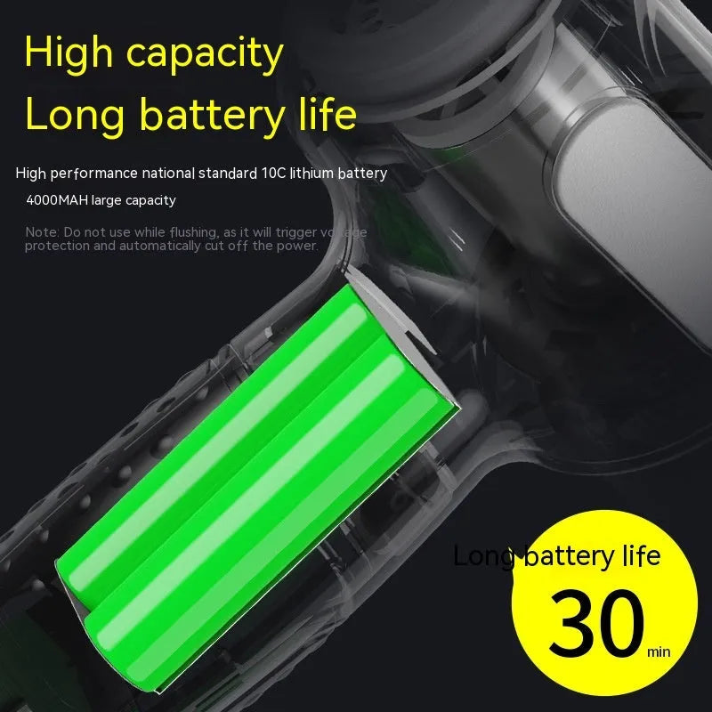 Car wireless handheld vacuum cleaner with 6KPa suction, 4000mAh rechargeable battery, Type-C port, and accessories on a black background