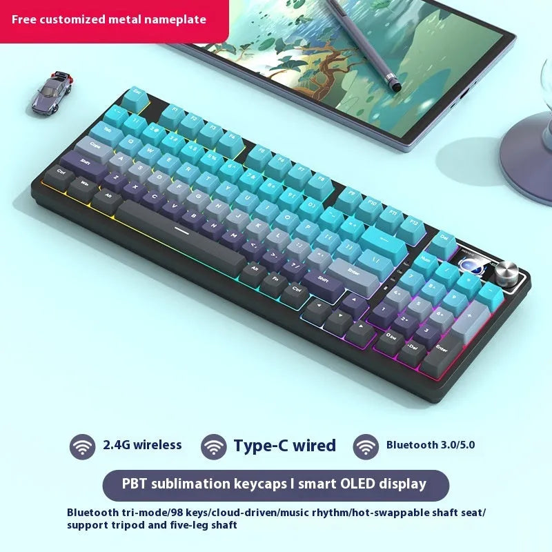 98-key wireless mechanical keyboard kit with display screen options and metal control knob
